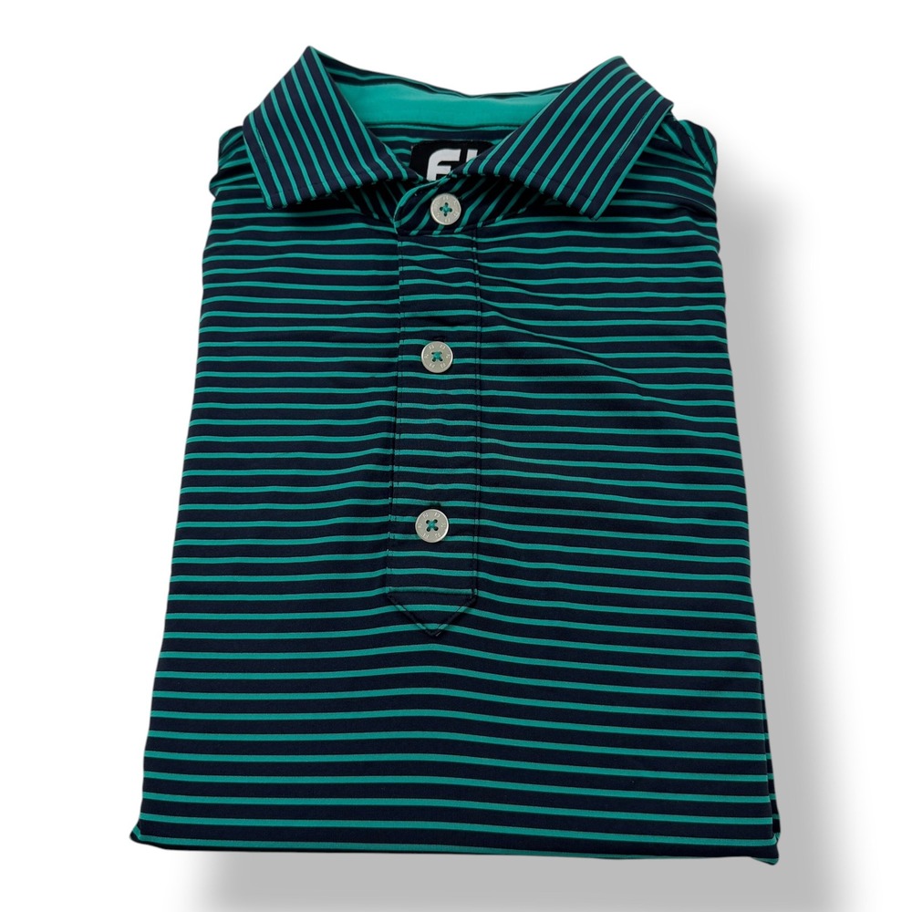 FootJoy Mens Teal Navy Striped Wawashkamo Mackinac Island Golf Polo Shirt Size M